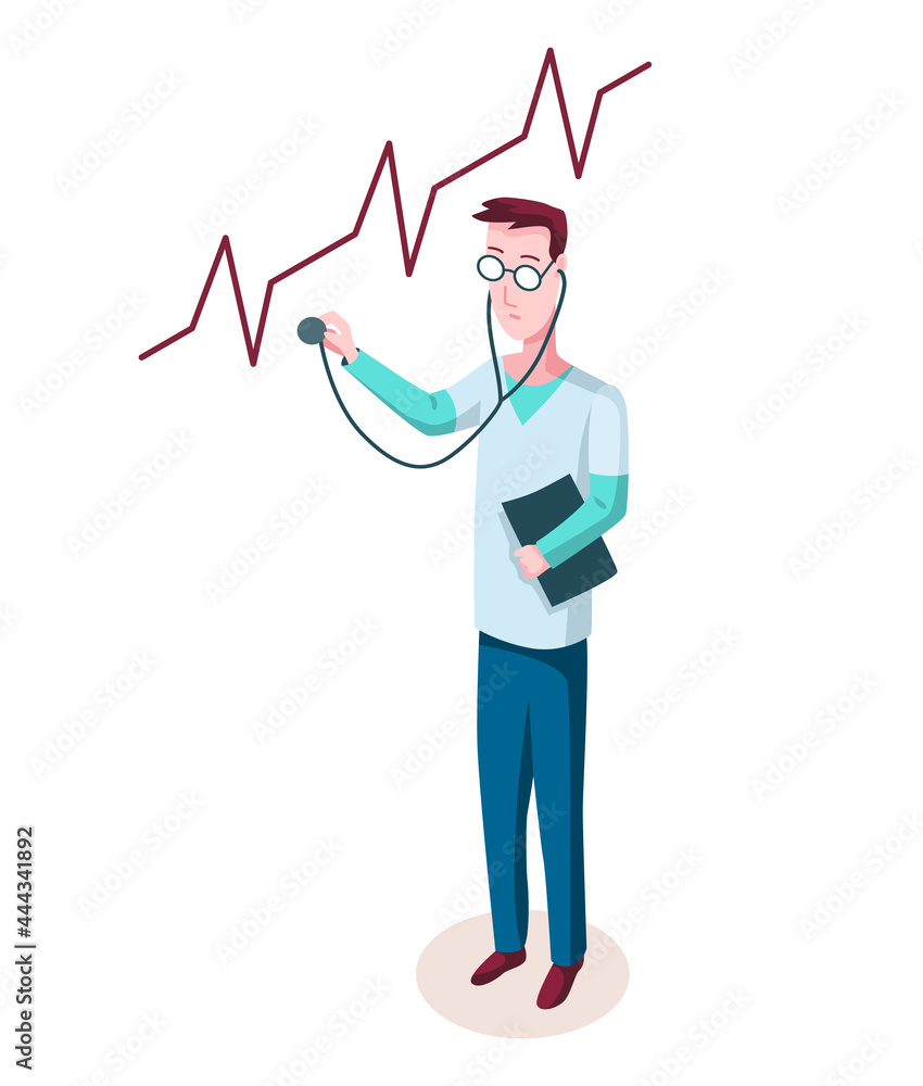 Medicine researcher isometric. Doctor considers the results of research. Isometric vector illustration kit with people character Medicine researcher isometric. Doctor considers the results of research. Isometric vector illustration kit with people character