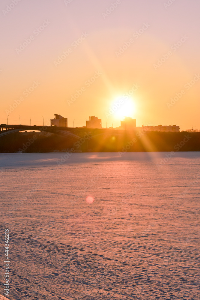 sunset on the waterfront in winter. Nizhny Novgorod