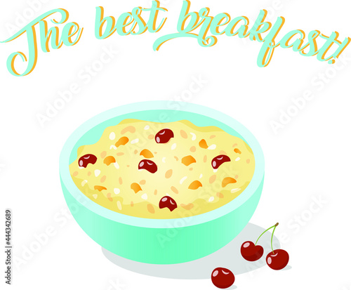 bowl with muesli with milk, crunches, cherries and apricots for healthy breakfast.