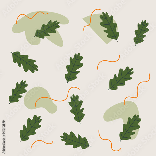 Abstract pattern with forest green leaves on a beige background and orange lines. Hand drawing wallpaper. Vector flat.