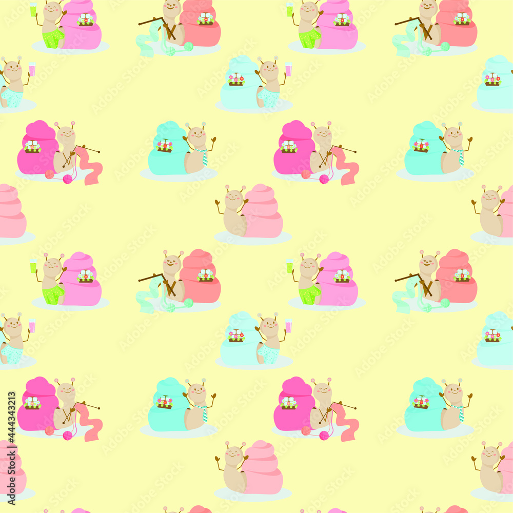 Fototapeta premium vector seamless pattern with baby snails in different life situations on yellow background for children room clip art and decorations.