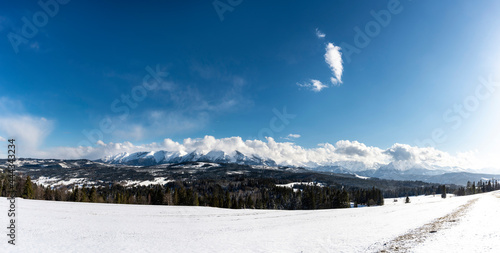 Beautiful winter landscape panorama, Tatra Mountains view from Lapszanka, Poland © hajdar