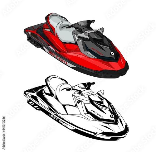 Jet Ski  vector , jetski  red, isolated on white background, black and white realistic vector illustration