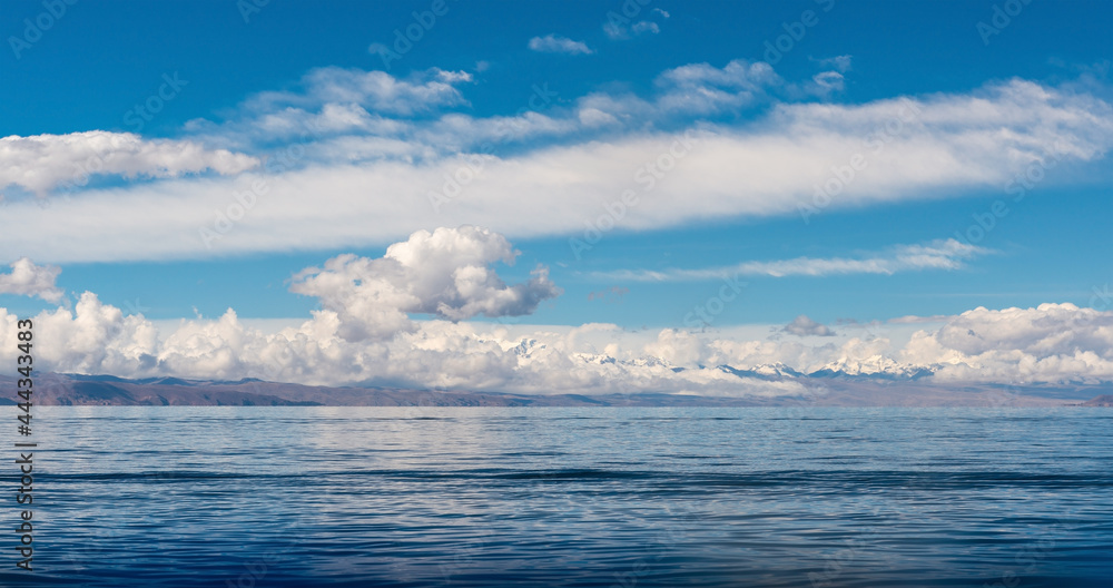 Titicaca lake panorama landscape with snowcapped Andes mountain peaks, Bolivia. Titicaca lake panorama landscape with snowcapped Andes mountain peaks, Bolivia.