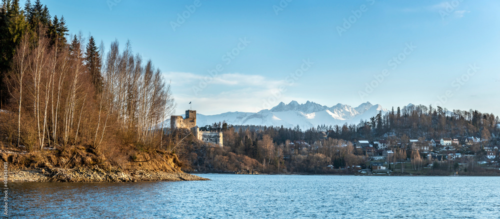 Beautiful landscape panorama with castle, view of the Tatra Mountains, Niedzica, Poland