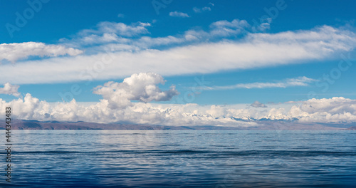 Titicaca lake panorama landscape with snowcapped Andes mountain peaks  Bolivia.