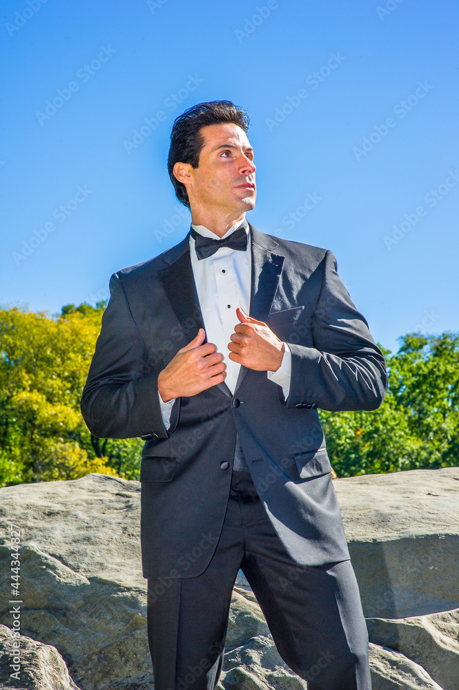 Dressing in a black tuxedo, a professional executive is standing by rocks,  confidently looking forward..