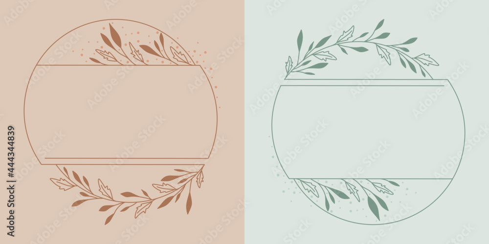 Okrągłe ramki z wzorem roślinnym w prostym minimalistycznym stylu. Jasne pastelowe szablony z listkami - zaproszenia ślubne, życzenia, planer, tło dla social media stories. - obrazy, fototapety, plakaty 