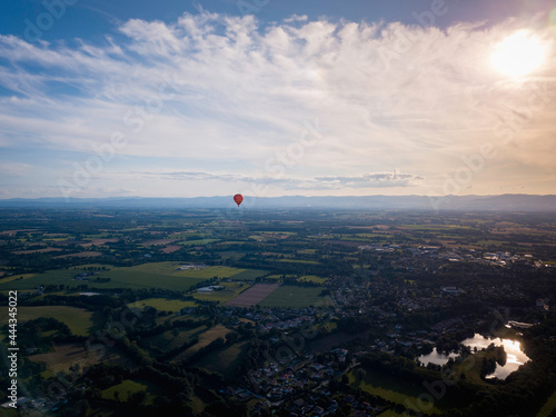 Drone Photo Of Orange Hot Air Balloon in "Les Dombes" France