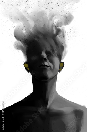 front portrait of a black guy with a smoking head photo