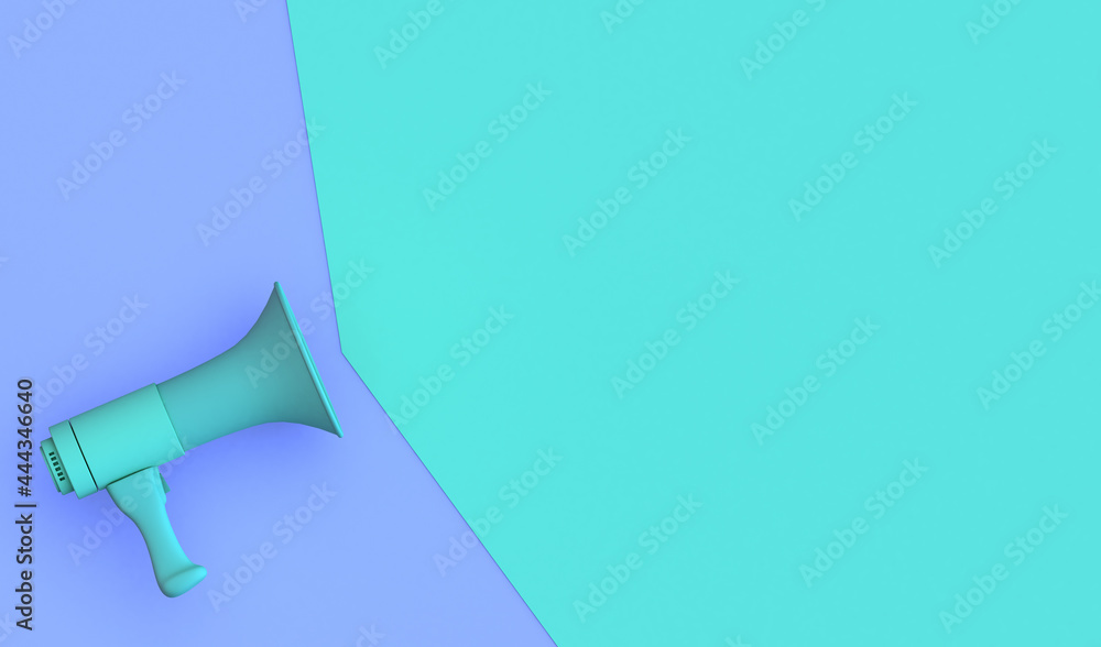 Green megaphone on purple background with space to place advertising or text. 3D illustration. Pastel colors. Sale. Green megaphone on purple background with space to place advertising or text. 3D illustration. Pastel colors. Sale.