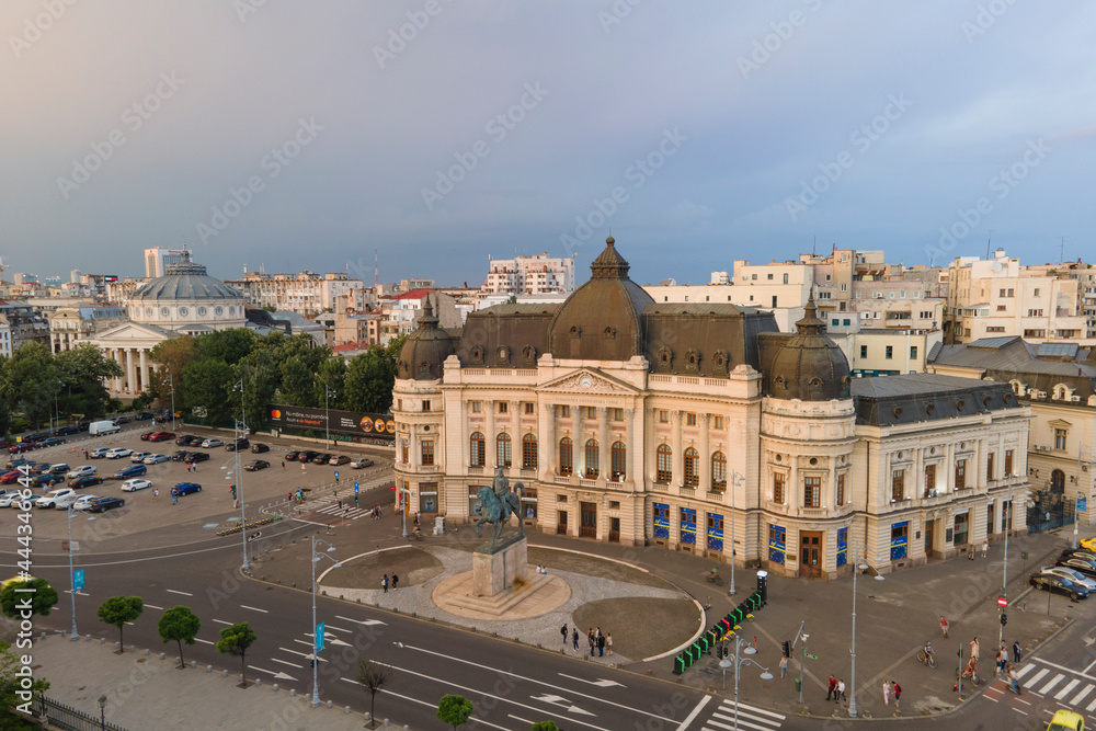 Aerial view of a beautiful view of the building of the Central University Library with equestrian monument to King Karol I in front of him in Bucharest, Romania