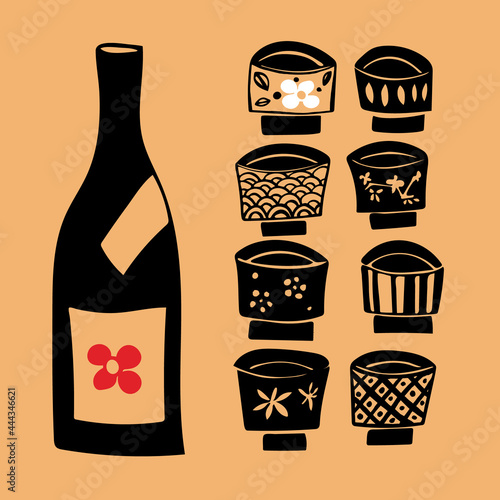 Vector images of sake bottles and cups. Set. Minimalism. Beige background