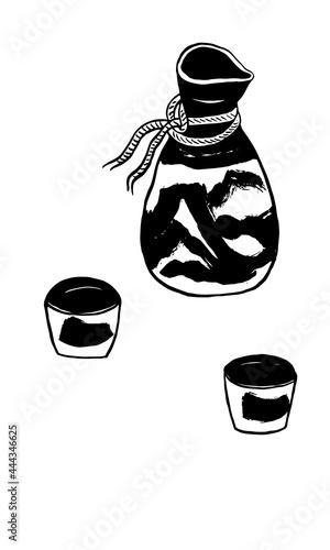 Vector images of a jug of sake and two cups. Set. Minimalism. White background