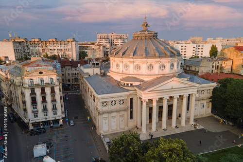 фотографія Aerial drone view of The Romanian Athenaeum George Enescu (Ateneul Roman) in Bucharest, Romania