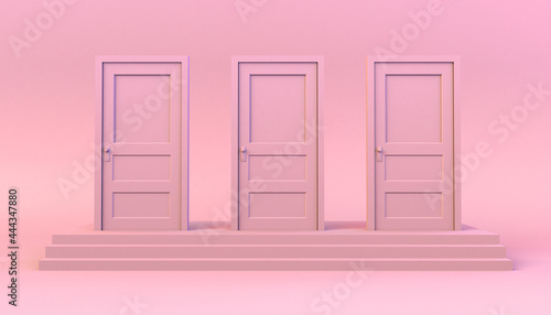 Set of closed doors on steps. 3D illustration. Minimal. Modern. © Rodrigo