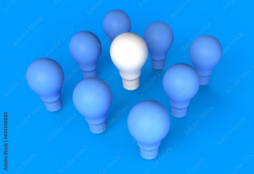 Blue bulbs with a differentiated white bulb. 3D illustration.