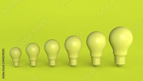 Yellow bulbs increasing in size. 3D illustration.