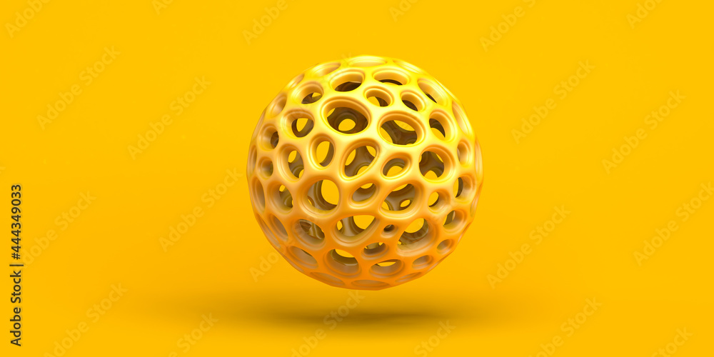 Background with perforated sphere. Abstract yellow composition. 3d illustration. Banner. Background with perforated sphere. Abstract yellow composition. 3d illustration. Banner.