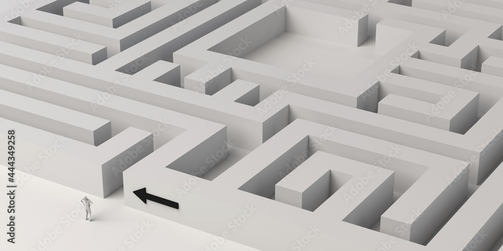 Maze with person at the entrance and arrow pointing the way. 3D illustration. Banner. Maze with person at the entrance and arrow pointing the way. 3D illustration. Banner.