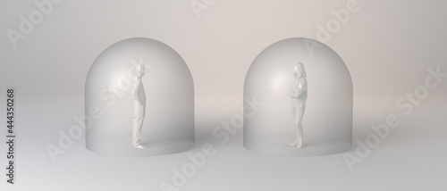 People protected in glass bubbles and with social distance. 3d illustration.