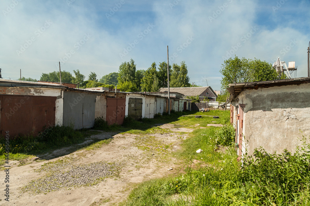 Old soviet garages in sunny day