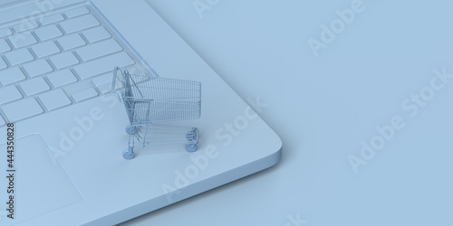 Digital commerce concept. Shopping cart on a laptop. Online shopping. 3d illustration. Banner. 