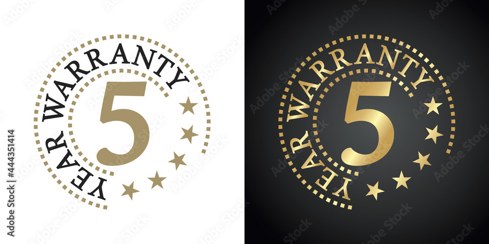 Fototapeta premium 5 Year Warranty five stars white gold black logo icon label button stamp vector