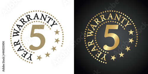 5 Year Warranty five stars white gold black logo icon label button stamp vector