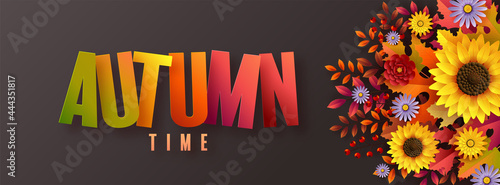 Autumn holiday seasonal background with colorful autumn leaves, mushrooms, owls, golden pods, squirrels, and elements paper cut craft style on color background.