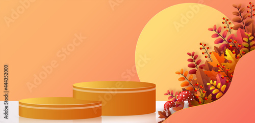 3d podium background products with geometric forms
autumn holiday seasonal background with colorful autumn leaves, mushrooms, owls, golden pods, squirrels, and elements paper cut craft style on color 