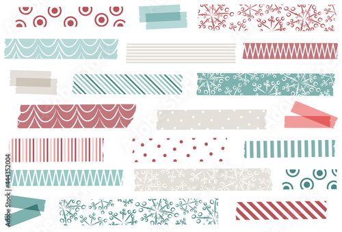 Collection of winter washi tape strips. Masking or adhesive tape strips, stickers or labels. EPS file has global colors for easy color changes and semitransparent tape strips. Holiday, Christmas. 
