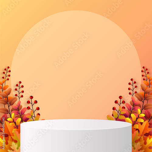 3d podium background products with geometric forms
autumn holiday seasonal background with colorful autumn leaves, mushrooms, owls, golden pods, squirrels, and elements paper cut craft style on color 