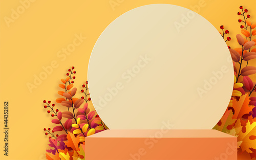 3d podium background products with geometric forms
autumn holiday seasonal background with colorful autumn leaves, mushrooms, owls, golden pods, squirrels, and elements paper cut craft style on color 