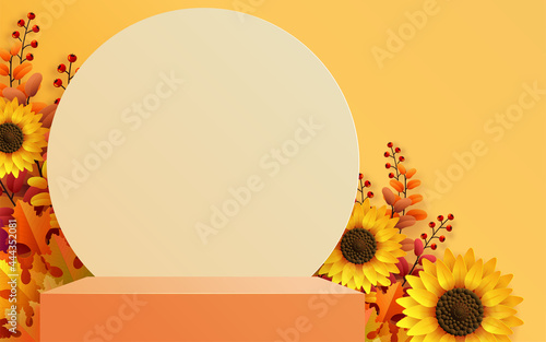 3d podium background products with geometric forms
autumn holiday seasonal background with colorful autumn leaves, mushrooms, owls, golden pods, squirrels, and elements paper cut craft style on color 