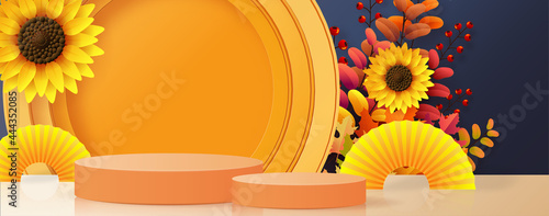 3d podium background products with geometric forms
autumn holiday seasonal background with colorful autumn leaves, mushrooms, owls, golden pods, squirrels, and elements paper cut craft style on color 