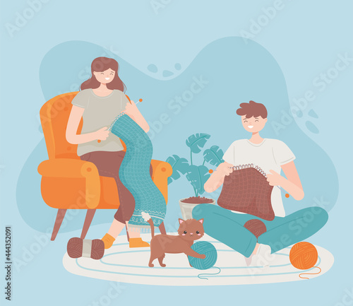 woman and man knitting house