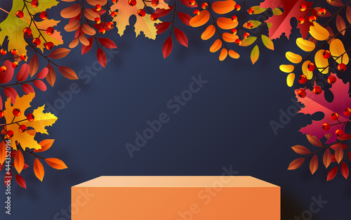 3d podium background products with geometric forms
autumn holiday seasonal background with colorful autumn leaves, mushrooms, owls, golden pods, squirrels, and elements paper cut craft style on color 