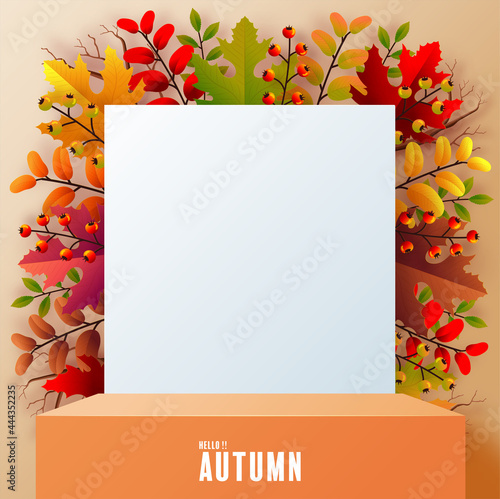 3d podium background products with geometric forms
autumn holiday seasonal background with colorful autumn leaves, mushrooms, owls, golden pods, squirrels, and elements paper cut craft style on color 