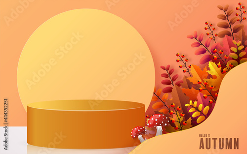 3d podium background products with geometric forms
autumn holiday seasonal background with colorful autumn leaves, mushrooms, owls, golden pods, squirrels, and elements paper cut craft style on color 