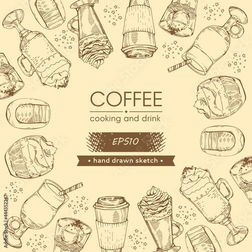 Hand drawn sketch coffee, cooking and drinks.