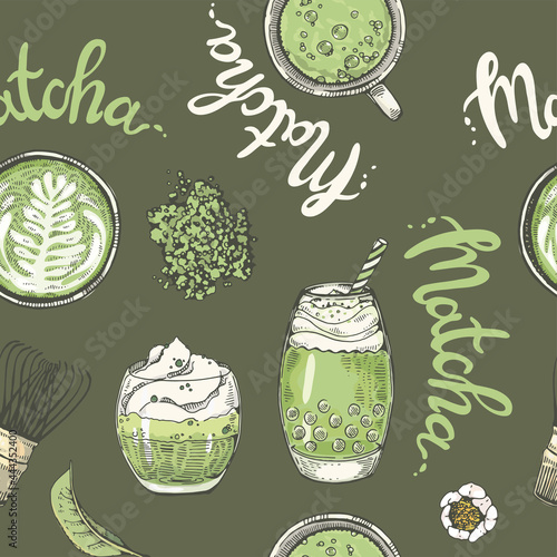 Hand-drawn seamless pattern matcha cocktails and desserts.