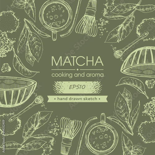 Detailed hand-drawn sketch matcha cooking and aroma.