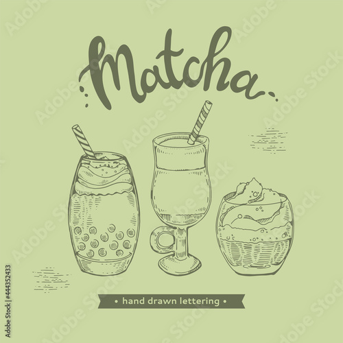 Hand-drawn letering different matcha drinks and desserts.