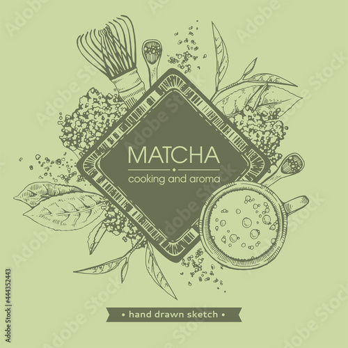 Hand-drawn sketch different matcha tools and cooking,