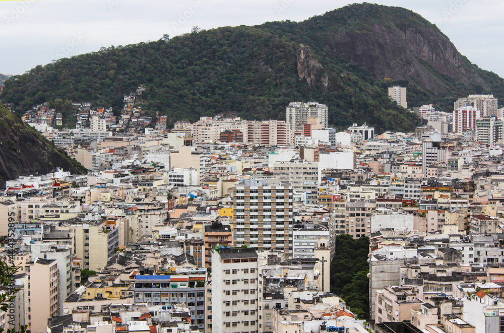 Copacabana neighborhood view from the top of the peak of the Agulhinha inhanga in Rio de Janeiro, Brazil.