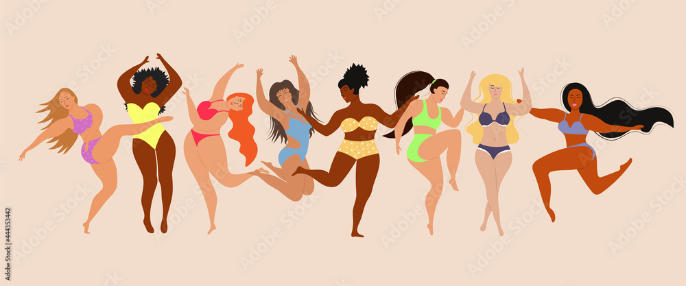 Happy body positive women. Body positive concept with different sizes and races women. Female freedom, girl power or international women's day. Feminism, self-acceptance and liberty. Happy body positive women. Body positive concept with different sizes and races women. Female freedom, girl power or international women's day. Feminism, self-acceptance and liberty.