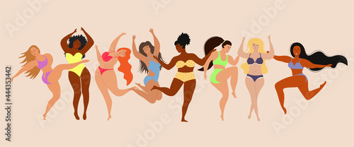 Happy body positive women. Body positive concept with different sizes and races women. Female freedom, girl power or international women's day. Feminism, self-acceptance and liberty.