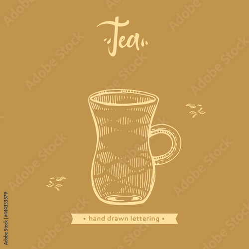 Hand-drawn lettering tea jug on the brown background.