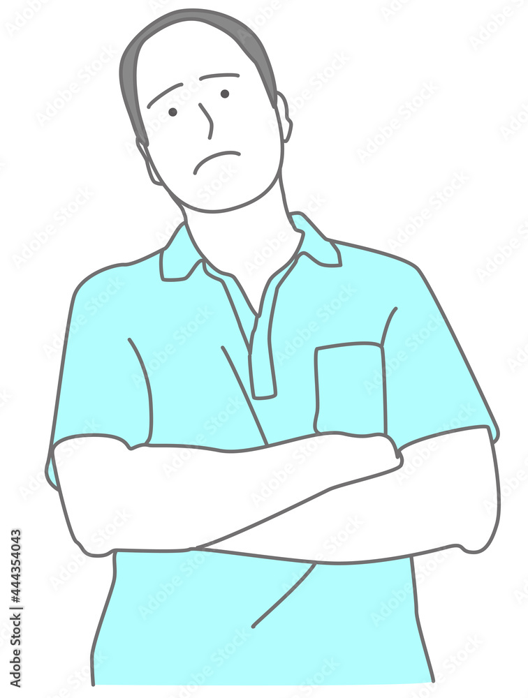 シャツを着た禿げた男性が、考え事をするイラスト シャツを着た禿げた男性が、考え事をするイラスト